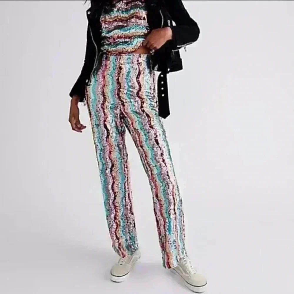 Free people DISCO FLARE PANTS IN RAINBOW SEQUIN New With Tag